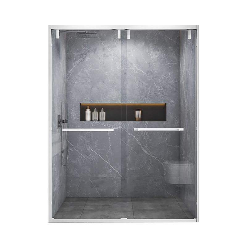 White Double Sliding Shower Door with Semi Frameless 304 Stainless Steel Frame Clearhalo 'Bathroom Remodel & Bathroom Fixtures' 'Home Improvement' 'home_improvement' 'home_improvement_shower_tub_doors' 'Shower and Tub Doors' 'shower_tub_doors' 'Showers & Bathtubs' 1200x1200_cb04fcd4-d555-4ad1-829c-2dbe2f2948a2