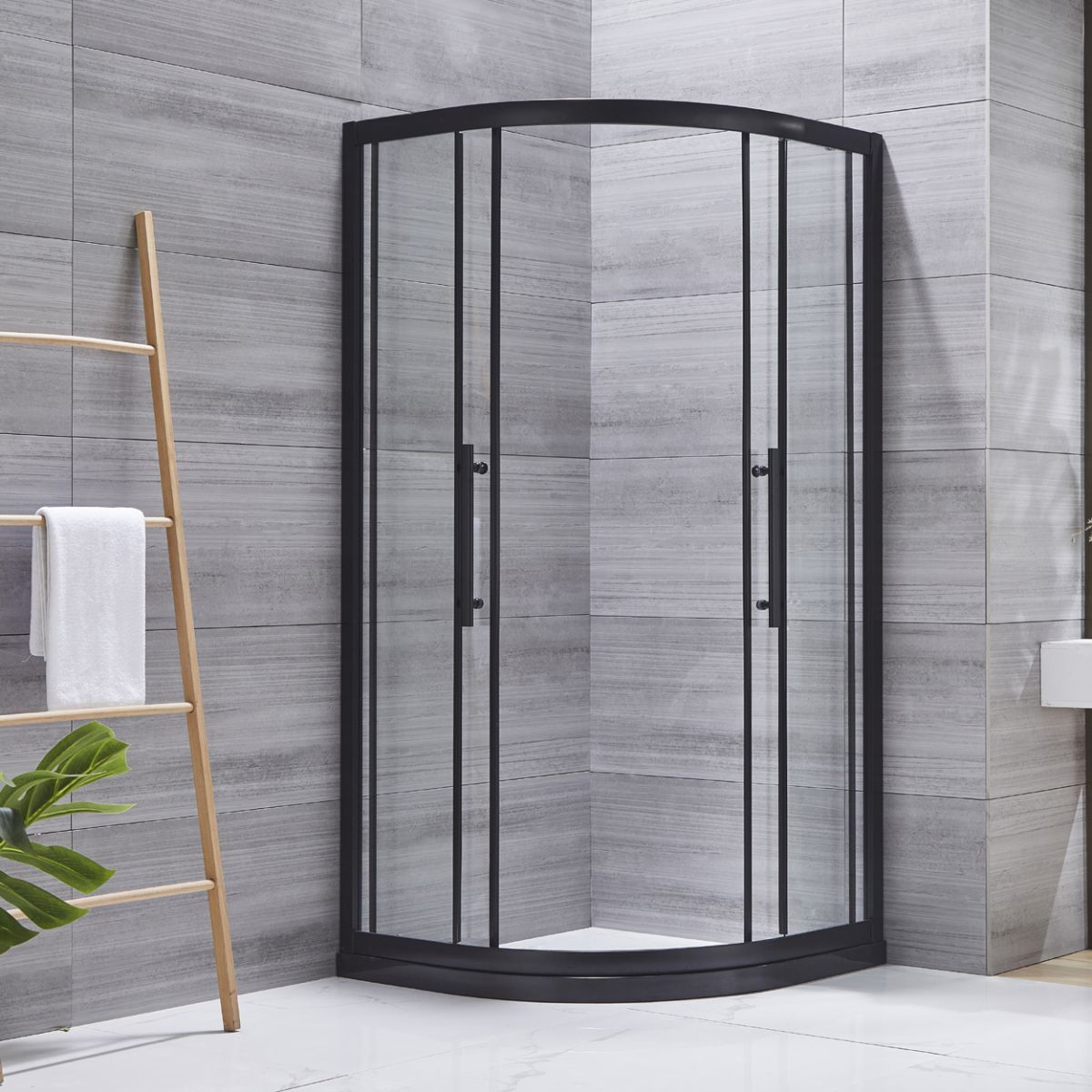 Neo-round Double Sliding Shower Enclosure Black Frame Shower Kit Clearhalo 'Bathroom Remodel & Bathroom Fixtures' 'Home Improvement' 'home_improvement' 'home_improvement_shower_stalls_enclosures' 'Shower Stalls & Enclosures' 'shower_stalls_enclosures' 'Showers & Bathtubs' 1200x1200_cc18c30e-705e-43d5-95b5-51a928582202