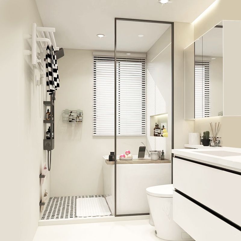 Black Full Frame Fixed Shower Screen Tempered Glass Shower Door Clearhalo 'Bathroom Remodel & Bathroom Fixtures' 'Home Improvement' 'home_improvement' 'home_improvement_shower_tub_doors' 'Shower and Tub Doors' 'shower_tub_doors' 'Showers & Bathtubs' 1200x1200_cd413df6-81f7-4f67-b599-ecaa14b58f41
