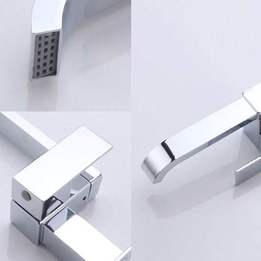 Contemporary Wall Mounted Bathroom Faucet Lever Handles Low Arc Rotatable Brass Faucet Clearhalo 'Bathroom Remodel & Bathroom Fixtures' 'Bathroom Sink Faucets' 'Bathroom Sinks & Faucet Components' 'bathroom_sink_faucets' 'Home Improvement' 'home_improvement' 'home_improvement_bathroom_sink_faucets' 1200x1200_cf4d3321-2d8d-4ad1-85b6-f8f793e53085