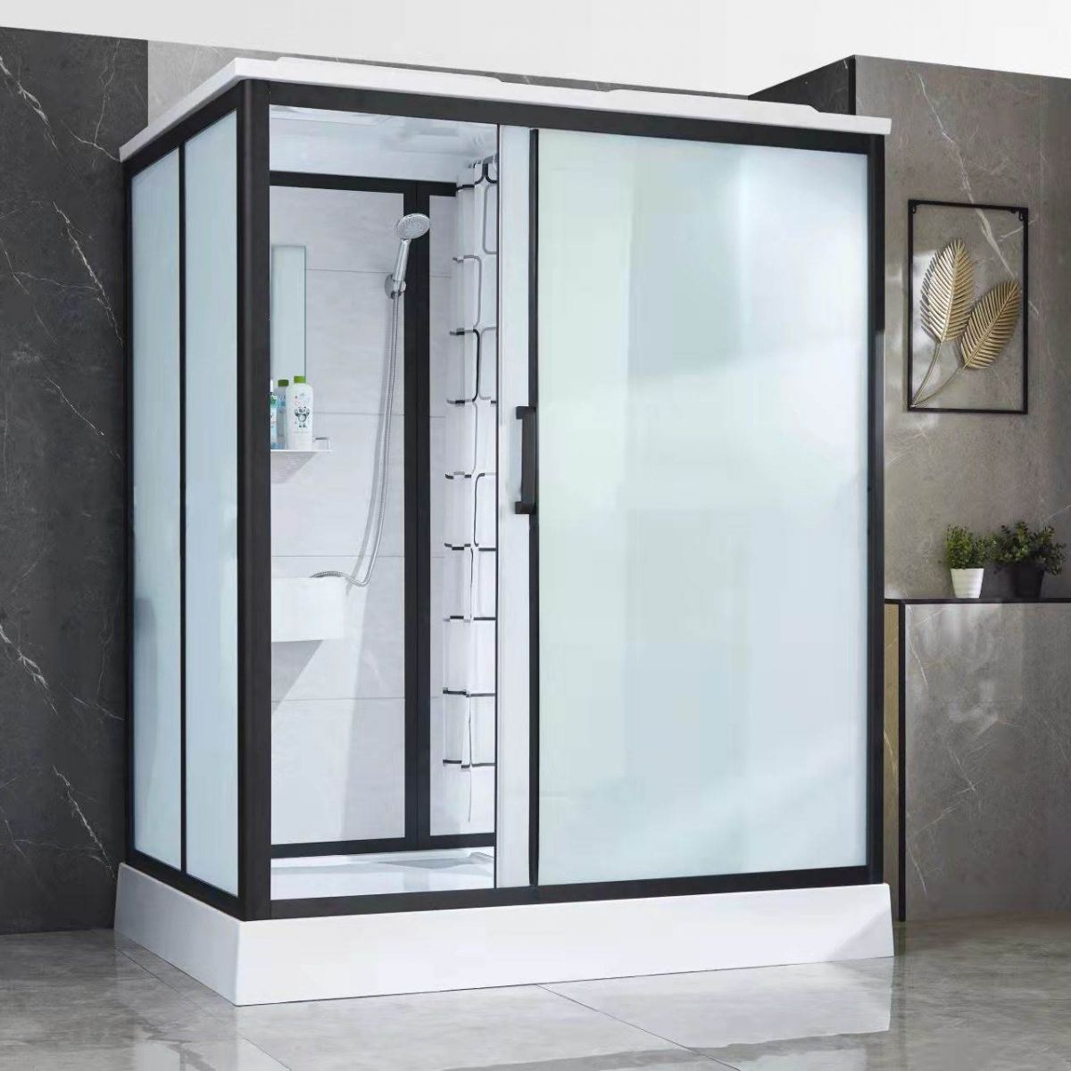 Framed Frosted Shower Kit Rectangle Matt Black Shower Stall with Base Included Clearhalo 'Bathroom Remodel & Bathroom Fixtures' 'Home Improvement' 'home_improvement' 'home_improvement_shower_stalls_enclosures' 'Shower Stalls & Enclosures' 'shower_stalls_enclosures' 'Showers & Bathtubs' 1200x1200_cfb656bc-8671-444a-95d0-3b63b546d877