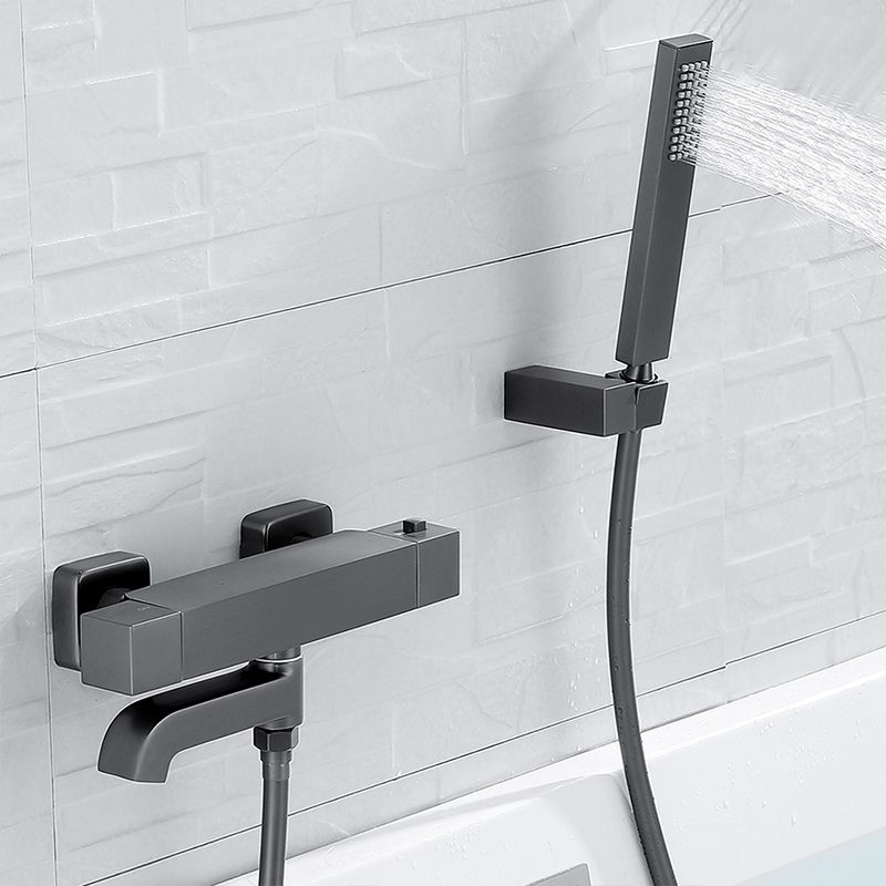 Black Tub Filler Wall-Mounted Brass Single Knob Handle Swivel Tub Filler with Handshower Clearhalo 'Bathroom Remodel & Bathroom Fixtures' 'Bathtub Faucets' 'bathtub_faucets' 'Home Improvement' 'home_improvement' 'home_improvement_bathtub_faucets' 1200x1200_d0372e3f-b2de-48c0-8146-56f6092fd100