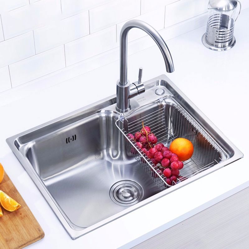 Modern Style Kitchen Sink Stainless Steel Single Bowl Kitchen Sink with Basket Strainer Clearhalo 'Home Improvement' 'home_improvement' 'home_improvement_kitchen_sinks' 'Kitchen Remodel & Kitchen Fixtures' 'Kitchen Sinks & Faucet Components' 'Kitchen Sinks' 'kitchen_sinks' 1200x1200_d0823e52-82fe-4b14-9860-0b51a78bdab2