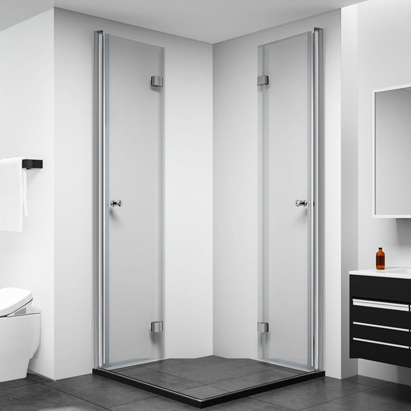 Silver Tempered Glass Folding Hinge Frameless Shower Bath Door Clearhalo 'Bathroom Remodel & Bathroom Fixtures' 'Home Improvement' 'home_improvement' 'home_improvement_shower_tub_doors' 'Shower and Tub Doors' 'shower_tub_doors' 'Showers & Bathtubs' 1200x1200_d11ffad4-cc25-4195-8c92-2749e799fc1e