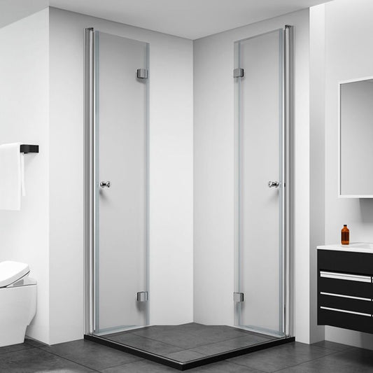 Silver Tempered Glass Folding Hinge Frameless Shower Bath Door Clearhalo 'Bathroom Remodel & Bathroom Fixtures' 'Home Improvement' 'home_improvement' 'home_improvement_shower_tub_doors' 'Shower and Tub Doors' 'shower_tub_doors' 'Showers & Bathtubs' 1200x1200_d11ffad4-cc25-4195-8c92-2749e799fc1e
