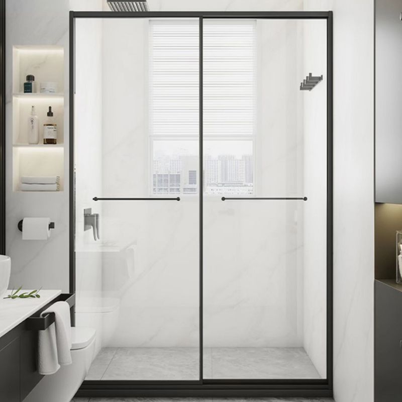 Black Frame Double Sliding Shower Bath Door Transparent Shower Door Clearhalo 'Bathroom Remodel & Bathroom Fixtures' 'Home Improvement' 'home_improvement' 'home_improvement_shower_tub_doors' 'Shower and Tub Doors' 'shower_tub_doors' 'Showers & Bathtubs' 1200x1200_d2111ef8-de0a-43b7-829a-b524cd4ea8e2
