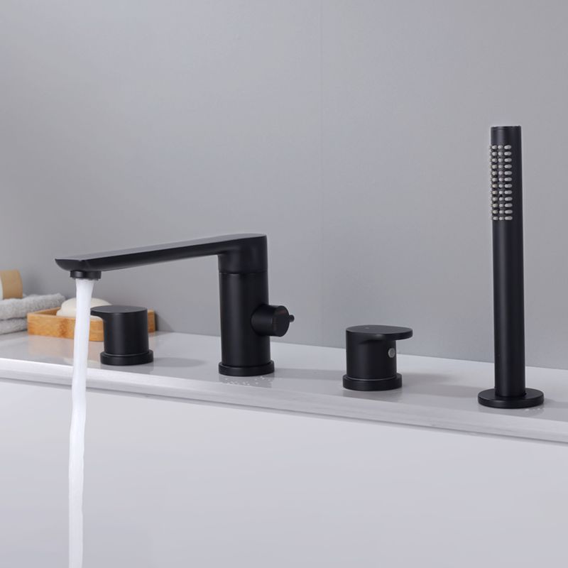 Modern Deck Mounted Metal Freestanding Tub Filler Low Arc Freestanding Faucet in Black Clearhalo 'Bathroom Remodel & Bathroom Fixtures' 'Bathtub Faucets' 'bathtub_faucets' 'Home Improvement' 'home_improvement' 'home_improvement_bathtub_faucets' 1200x1200_d2fd0121-3a8a-43b4-a25c-06f74b20c936