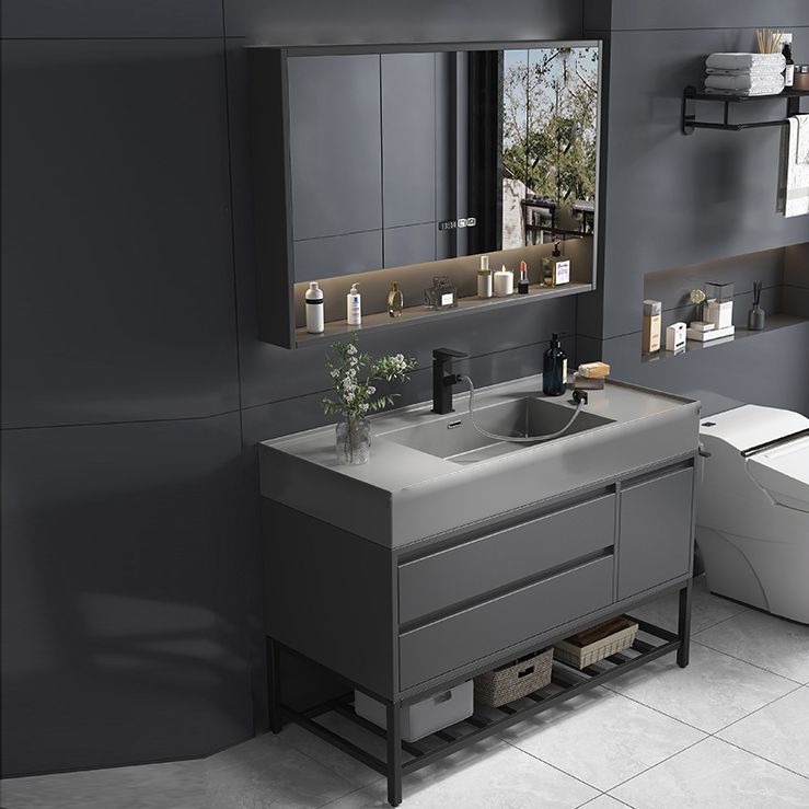 Single Sink Grey Vanity Shelving Included Mirror Rectangle Vanity with 2 Drawers Clearhalo 'Bathroom Remodel & Bathroom Fixtures' 'Bathroom Vanities' 'bathroom_vanities' 'Home Improvement' 'home_improvement' 'home_improvement_bathroom_vanities' 1200x1200_d3a18493-90e4-467e-9dac-fc45cec7419b
