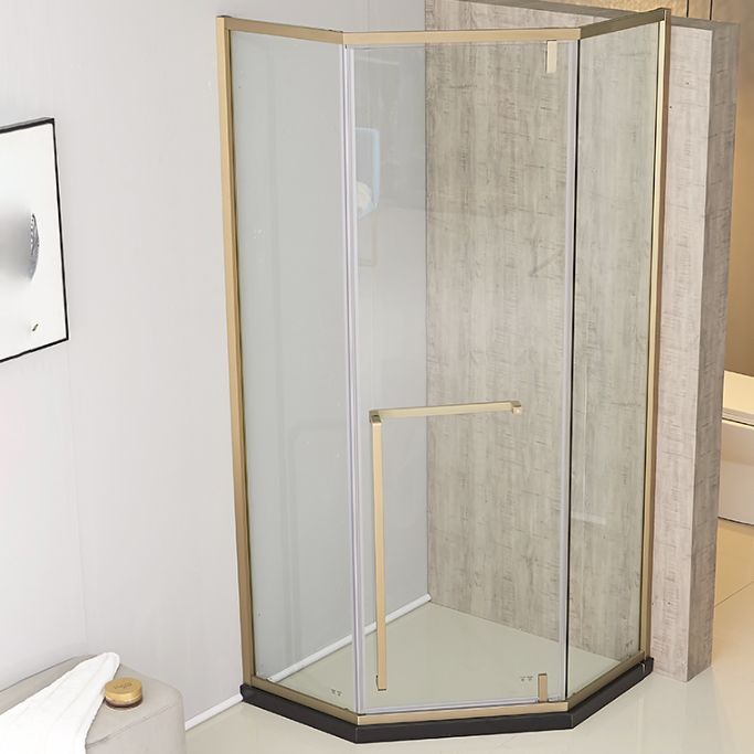 Gold Frame Neo-Angle Shower Enclosure with Single Door Handle Clearhalo 'Bathroom Remodel & Bathroom Fixtures' 'Home Improvement' 'home_improvement' 'home_improvement_shower_stalls_enclosures' 'Shower Stalls & Enclosures' 'shower_stalls_enclosures' 'Showers & Bathtubs' 1200x1200_d4e00fe7-2e19-4695-90f5-320a25bbb7fe