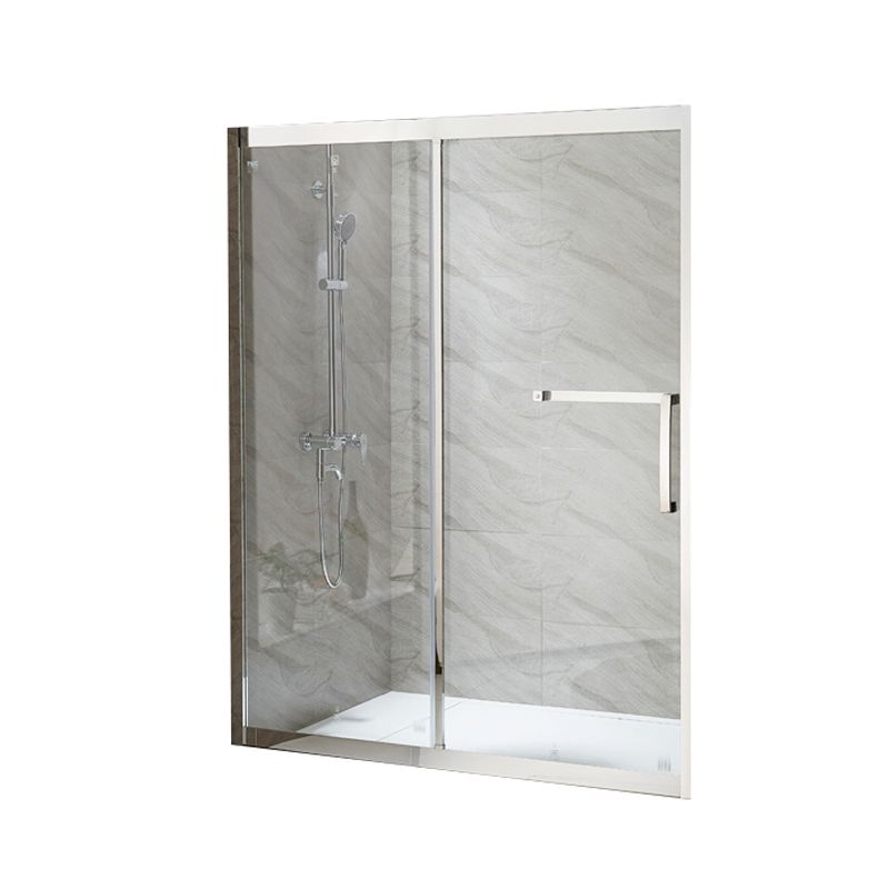 Silver Semi Frameless Single Move Tempered Glass Shower Door Clearhalo 'Bathroom Remodel & Bathroom Fixtures' 'Home Improvement' 'home_improvement' 'home_improvement_shower_tub_doors' 'Shower and Tub Doors' 'shower_tub_doors' 'Showers & Bathtubs' 1200x1200_d5078318-e077-4346-8cd8-413be2d786b2
