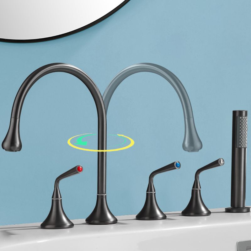 Modern Deck Mounted Metal Tub Filler Three Handles High Arch Faucet Clearhalo 'Bathroom Remodel & Bathroom Fixtures' 'Bathtub Faucets' 'bathtub_faucets' 'Home Improvement' 'home_improvement' 'home_improvement_bathtub_faucets' 1200x1200_d5cf349f-373c-49e4-821c-ffeb03f034bc