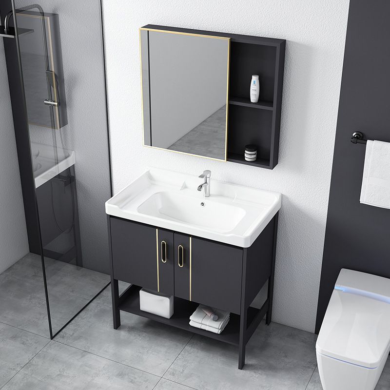 Single Sink Vanity Shelving Included Metal Frame 2 Doors Freestanding Modern Vanity Clearhalo 'Bathroom Remodel & Bathroom Fixtures' 'Bathroom Vanities' 'bathroom_vanities' 'Home Improvement' 'home_improvement' 'home_improvement_bathroom_vanities' 1200x1200_d6ba1744-a09e-4d4c-a1c9-50440613e86b