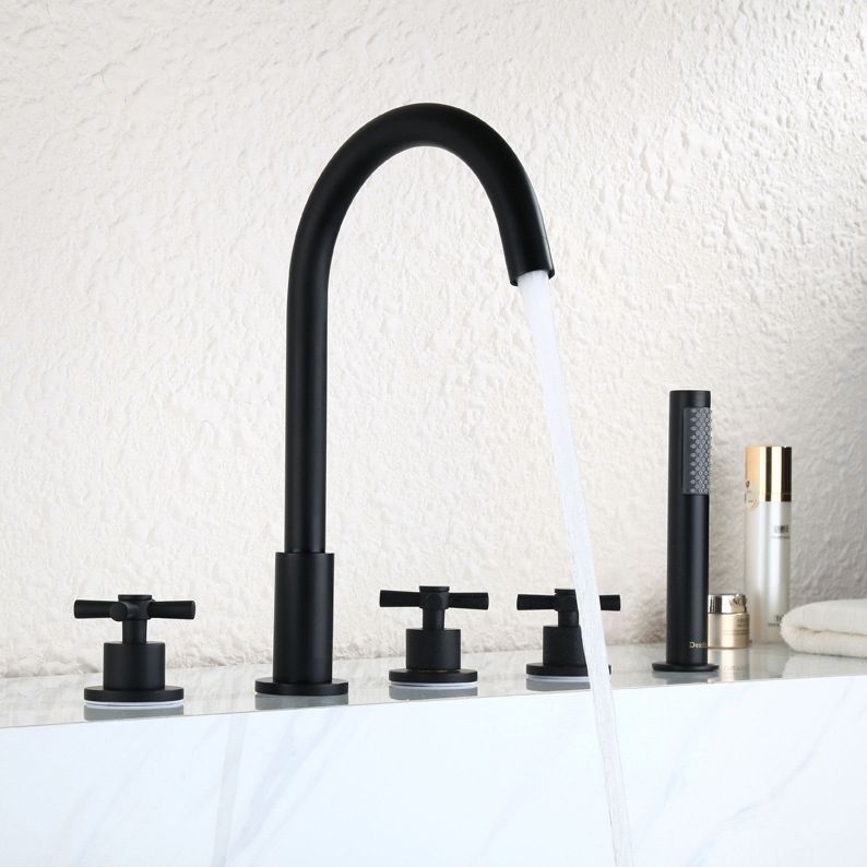 Deck Mounted Roman Tub Faucet Low Arc Roman Tub Faucet Set with Hand Shower Clearhalo 'Bathroom Remodel & Bathroom Fixtures' 'Bathtub Faucets' 'bathtub_faucets' 'Home Improvement' 'home_improvement' 'home_improvement_bathtub_faucets' 1200x1200_d6bab709-4486-4ec0-8256-b9ce0ad27ca3