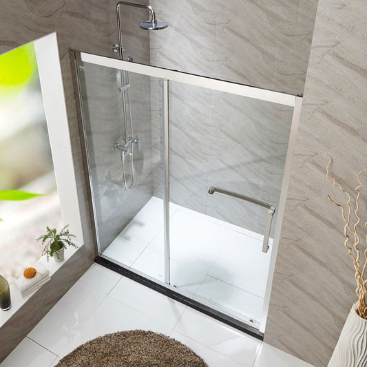 Silver Semi Frameless Single Move Tempered Glass Shower Door Clearhalo 'Bathroom Remodel & Bathroom Fixtures' 'Home Improvement' 'home_improvement' 'home_improvement_shower_tub_doors' 'Shower and Tub Doors' 'shower_tub_doors' 'Showers & Bathtubs' 1200x1200_d6f4b8d8-60f8-4b04-9ea4-8ec4127ae5c2