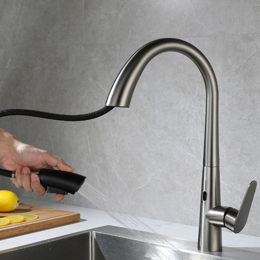 Gooseneck Swivel Spout Kitchen Sink Faucet Touchless Sensor with Pull Down Sprayer Clearhalo 'Home Improvement' 'home_improvement' 'home_improvement_kitchen_faucets' 'Kitchen Faucets' 'Kitchen Remodel & Kitchen Fixtures' 'Kitchen Sinks & Faucet Components' 'kitchen_faucets' 1200x1200_d73fd1bc-7a2d-4aa1-990c-38afd284e392