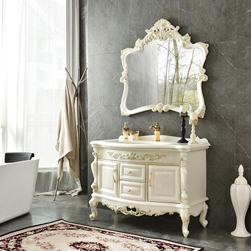 White Stone Bath Vanity 2 Drawers Rectangular Freestanding Single Sink Vanity with Mirror Clearhalo 'Bathroom Remodel & Bathroom Fixtures' 'Bathroom Vanities' 'bathroom_vanities' 'Home Improvement' 'home_improvement' 'home_improvement_bathroom_vanities' 1200x1200_d827d65a-e6c7-4301-92d5-f33edfb514e2