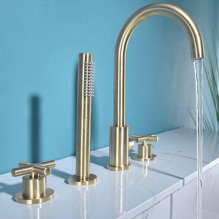 Modern Deck Mounted Tub Faucet Trim Metal Tub Faucet Trim with Hose Clearhalo 'Bathroom Remodel & Bathroom Fixtures' 'Bathtub Faucets' 'bathtub_faucets' 'Home Improvement' 'home_improvement' 'home_improvement_bathtub_faucets' 1200x1200_d85aae29-5249-4552-a5ec-da3240a56576