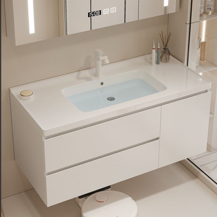 White Bathroom Vanity Wood Rectangle Single Sink Wall Mount 2 Drawers Vanity Set Clearhalo 'Bathroom Remodel & Bathroom Fixtures' 'Bathroom Vanities' 'bathroom_vanities' 'Home Improvement' 'home_improvement' 'home_improvement_bathroom_vanities' 1200x1200_db9d4fe9-b5d4-4ed2-8505-272b845faf17