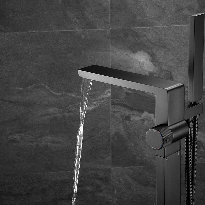 Freestanding Tub Filler Black Brass Single Knob Handle Fixed Tub Filler with Handshower Clearhalo 'Bathroom Remodel & Bathroom Fixtures' 'Bathtub Faucets' 'bathtub_faucets' 'Home Improvement' 'home_improvement' 'home_improvement_bathtub_faucets' 1200x1200_dc5bcfd5-ba05-4146-8566-40f10bfedf16