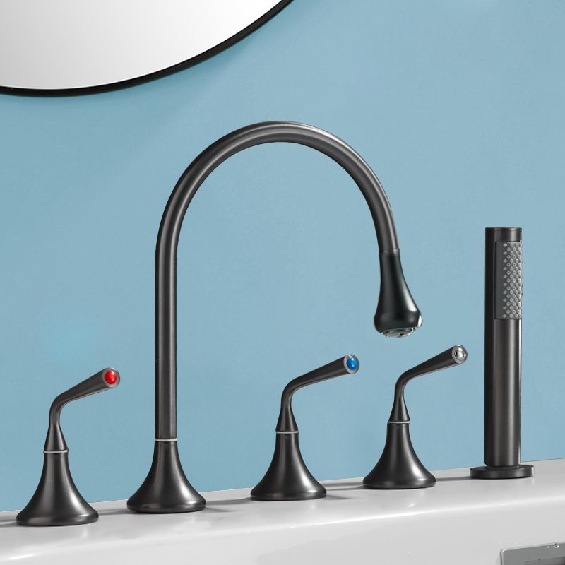 Modern Deck Mounted Metal Tub Filler Three Handles High Arch Faucet Clearhalo 'Bathroom Remodel & Bathroom Fixtures' 'Bathtub Faucets' 'bathtub_faucets' 'Home Improvement' 'home_improvement' 'home_improvement_bathtub_faucets' 1200x1200_dcb26380-3d72-4ea2-8641-6ba85e4380a1
