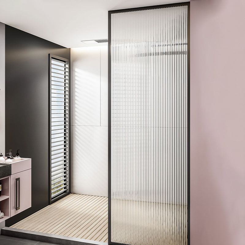 Black Full Frame One-shaped Fixed Semi-partition Shower Screen Clearhalo 'Bathroom Remodel & Bathroom Fixtures' 'Home Improvement' 'home_improvement' 'home_improvement_shower_tub_doors' 'Shower and Tub Doors' 'shower_tub_doors' 'Showers & Bathtubs' 1200x1200_dce1fd77-ae45-4176-9b47-2eac67acc85d