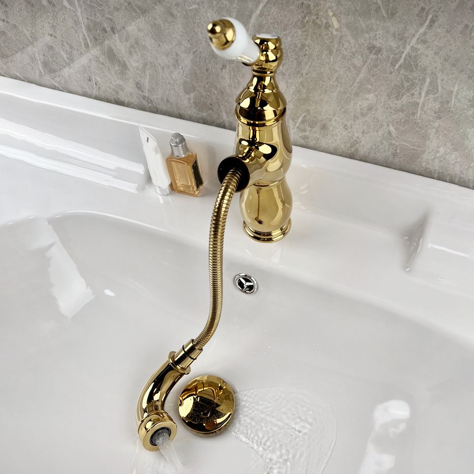 Vintage Bathroom Basin Faucet Full Brass Pull-out Ceramic Handle Sink Faucet with Drain Clearhalo 'Bathroom Remodel & Bathroom Fixtures' 'Bathroom Sink Faucets' 'Bathroom Sinks & Faucet Components' 'bathroom_sink_faucets' 'Home Improvement' 'home_improvement' 'home_improvement_bathroom_sink_faucets' 1200x1200_de02297f-1361-4954-9ff6-46ec3b386917