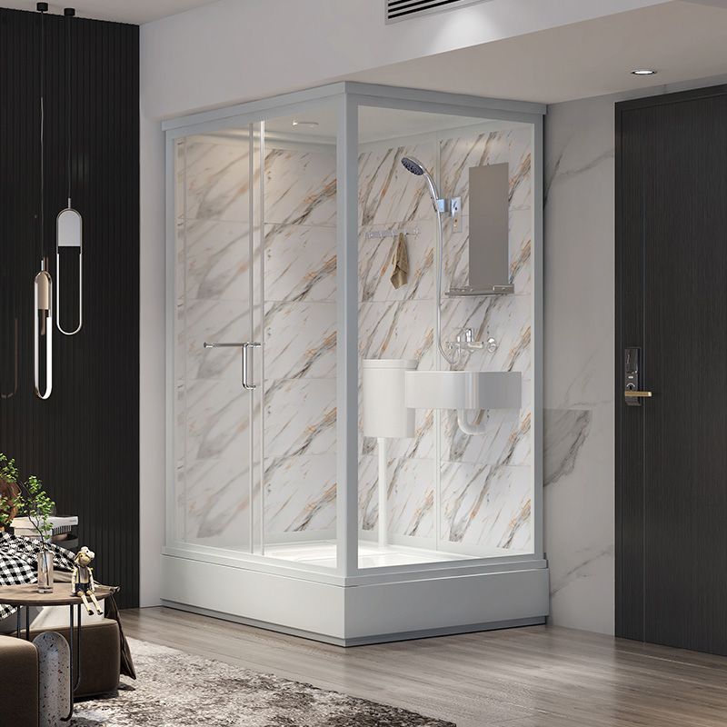 Single Sliding Frosted Glass Shower Enclosure Framed Shower Enclosure in White Clearhalo 'Bathroom Remodel & Bathroom Fixtures' 'Home Improvement' 'home_improvement' 'home_improvement_shower_stalls_enclosures' 'Shower Stalls & Enclosures' 'shower_stalls_enclosures' 'Showers & Bathtubs' 1200x1200_df29d5a5-559e-4490-ac11-e046930787b8