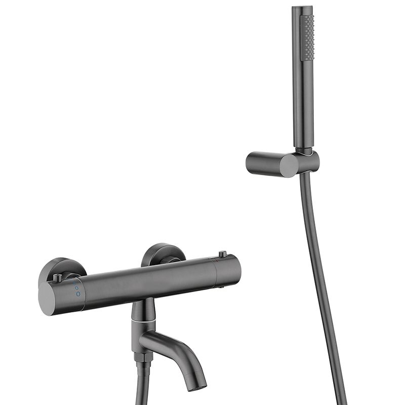 Handshower Tub Filler Black Brass Double Knob Handle Swivel Wall Mount Tub Filler Clearhalo 'Bathroom Remodel & Bathroom Fixtures' 'Bathtub Faucets' 'bathtub_faucets' 'Home Improvement' 'home_improvement' 'home_improvement_bathtub_faucets' 1200x1200_df505d58-c609-4525-9350-1acf8388bfa5