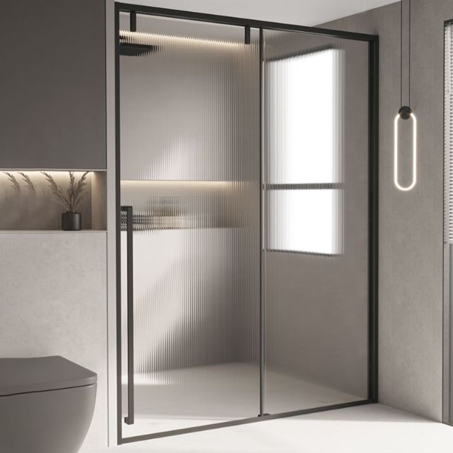 Glass and Metal Shower Door Simple One-Line Shower Black Bath Door Clearhalo 'Bathroom Remodel & Bathroom Fixtures' 'Home Improvement' 'home_improvement' 'home_improvement_shower_tub_doors' 'Shower and Tub Doors' 'shower_tub_doors' 'Showers & Bathtubs' 1200x1200_e0c55002-2c81-4aca-a7c8-2f1f2e2f6020