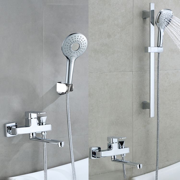 Wall Mounted Bath Faucet Trim Chrome Polished Swivel Spout with Handshower Clearhalo 'Bathroom Remodel & Bathroom Fixtures' 'Bathtub Faucets' 'bathtub_faucets' 'Home Improvement' 'home_improvement' 'home_improvement_bathtub_faucets' 1200x1200_e12893e7-ae8f-4cb6-b765-89a277ef2450