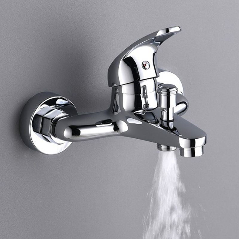Modern Silver Tub Spout One Handle and Two Hole Brass Wall Mounted Faucet Clearhalo 'Bathroom Remodel & Bathroom Fixtures' 'Bathtub Faucets' 'bathtub_faucets' 'Home Improvement' 'home_improvement' 'home_improvement_bathtub_faucets' 1200x1200_e1c669cd-3de9-4252-b580-87830ff399ba