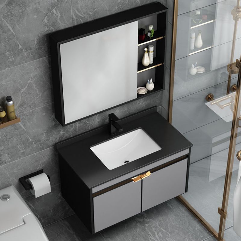 2 Doors Vanity Set Mirror Grey Wall Mount Rectangle Metal Bath Vanity with Single Sink Clearhalo 'Bathroom Remodel & Bathroom Fixtures' 'Bathroom Vanities' 'bathroom_vanities' 'Home Improvement' 'home_improvement' 'home_improvement_bathroom_vanities' 1200x1200_e1edc60e-2837-4ef4-9434-ef091f21c80e