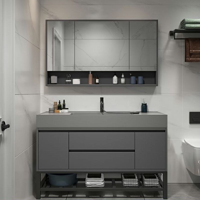 2 Drawers Bathroom Vanity Single Sink Wood Frame Mirror Soft Close Door in Grey Clearhalo 'Bathroom Remodel & Bathroom Fixtures' 'Bathroom Vanities' 'bathroom_vanities' 'Home Improvement' 'home_improvement' 'home_improvement_bathroom_vanities' 1200x1200_e3ec6755-17ba-47d3-9f06-7e7a7b6dfbb8