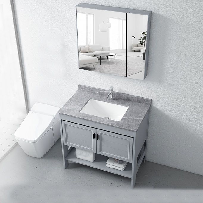 Grey Freestanding Vanity Metal Frame Glam Single Sink Shelving Included Vanity Clearhalo 'Bathroom Remodel & Bathroom Fixtures' 'Bathroom Vanities' 'bathroom_vanities' 'Home Improvement' 'home_improvement' 'home_improvement_bathroom_vanities' 1200x1200_e5f1a6e7-2e15-461d-8872-6c8695f0b1a3