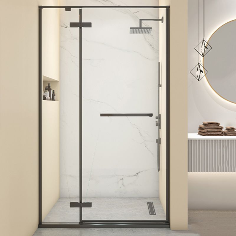 Hinged Stainless Steel Semi Frameless Shower Screen Black Narrow Edge Shower Door Clearhalo 'Bathroom Remodel & Bathroom Fixtures' 'Home Improvement' 'home_improvement' 'home_improvement_shower_tub_doors' 'Shower and Tub Doors' 'shower_tub_doors' 'Showers & Bathtubs' 1200x1200_e7e32def-4cdb-4b32-abd8-28a8e425bd9c