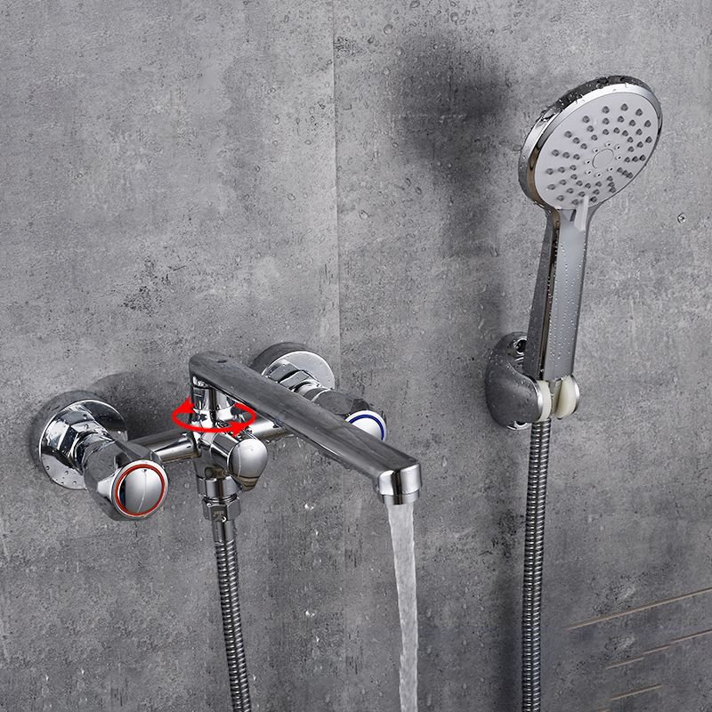 Contemporary Tub Faucet Trim Chrome Wall Mounted Swivel Spout with Handheld Shower Clearhalo 'Bathroom Remodel & Bathroom Fixtures' 'Bathtub Faucets' 'bathtub_faucets' 'Home Improvement' 'home_improvement' 'home_improvement_bathtub_faucets' 1200x1200_e7fae007-7198-4532-aa6e-7efd4332fee3