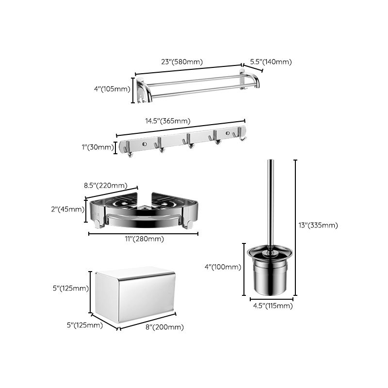 Contemporary Bath Hardware Set in Stainless Steel Chrome Robe Hooks/Towel Bar Clearhalo 'Bathroom Hardware Sets' 'Bathroom Hardware' 'Bathroom Remodel & Bathroom Fixtures' 'bathroom_hardware_sets' 'Home Improvement' 'home_improvement' 'home_improvement_bathroom_hardware_sets' 1200x1200_e8a3f5c6-bb0e-4f8d-a349-326fd9d8c622
