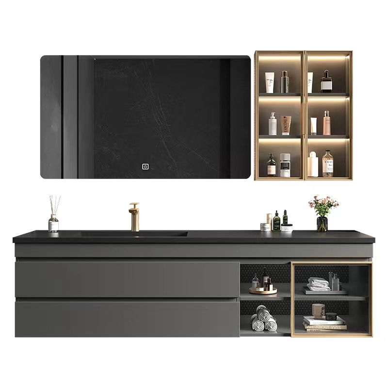 Wall-Mounted Vanity Grey Wood Frame Mirror Rectangle Single Sink Bath Vanity with Drawers Clearhalo 'Bathroom Remodel & Bathroom Fixtures' 'Bathroom Vanities' 'bathroom_vanities' 'Home Improvement' 'home_improvement' 'home_improvement_bathroom_vanities' 1200x1200_e9c5b36d-2f28-4429-acba-450c5db58fda