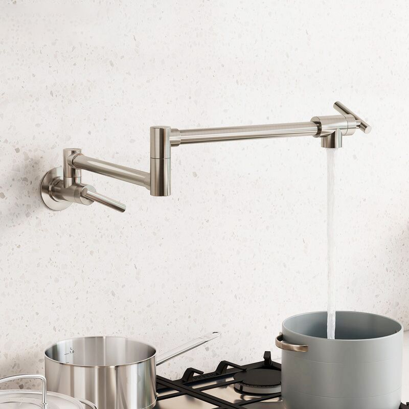 Modern Bridge-Style Kitchen Faucet 1-Hole Wall Mounted Pot Filler Faucet Clearhalo 'Home Improvement' 'home_improvement' 'home_improvement_kitchen_faucets' 'Kitchen Faucets' 'Kitchen Remodel & Kitchen Fixtures' 'Kitchen Sinks & Faucet Components' 'kitchen_faucets' 1200x1200_ec97cb89-24b9-465a-ae55-19404768eef9