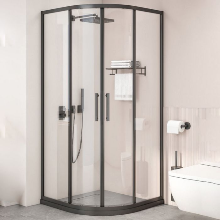 Black Full Frame Curved Tempered Glass Double Slide Shower Door Clearhalo 'Bathroom Remodel & Bathroom Fixtures' 'Home Improvement' 'home_improvement' 'home_improvement_shower_tub_doors' 'Shower and Tub Doors' 'shower_tub_doors' 'Showers & Bathtubs' 1200x1200_ecfa0612-f9c8-43cc-8c69-e4ce27335b10