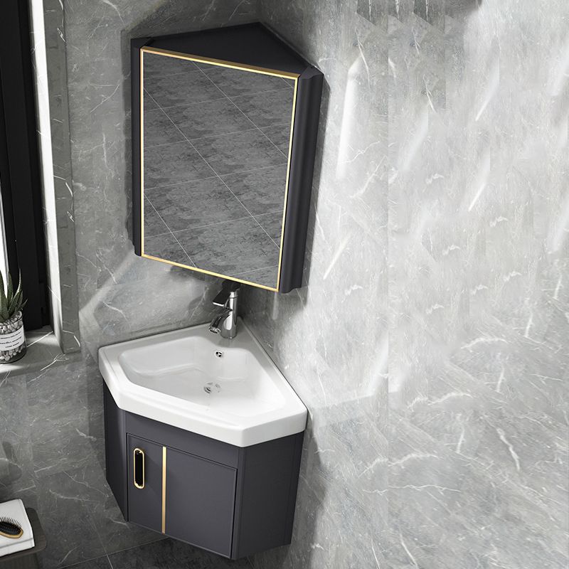 Wall Mounted Corner Vanity Triangular Single Sink Mirror Metal Frame ...