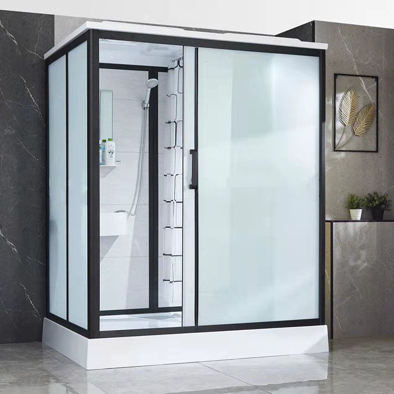 Black Framed Single Sliding Shower Kit Frosted Rectangle Shower Stall Clearhalo 'Bathroom Remodel & Bathroom Fixtures' 'Home Improvement' 'home_improvement' 'home_improvement_shower_stalls_enclosures' 'Shower Stalls & Enclosures' 'shower_stalls_enclosures' 'Showers & Bathtubs' 1200x1200_ed524ab3-f7f9-4457-b692-777e59d01d23