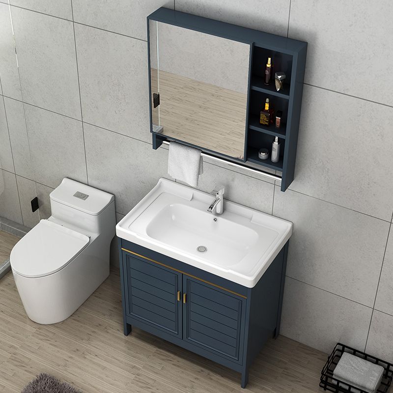 Blue Bath Vanity Single Sink Freestanding Metal Frame Mirror Vanity with Soft Close Doors Clearhalo 'Bathroom Remodel & Bathroom Fixtures' 'Bathroom Vanities' 'bathroom_vanities' 'Home Improvement' 'home_improvement' 'home_improvement_bathroom_vanities' 1200x1200_ed8d8636-0f96-49f1-b9cf-4ea2ca6a5e90