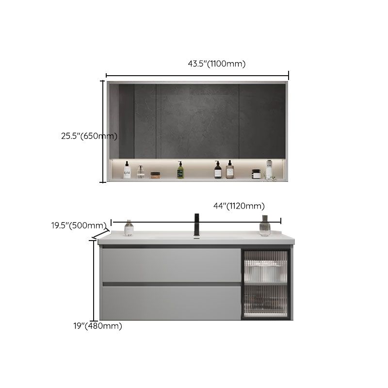 Wall Mounted Bathroom Vanity Set Mirror Wood Frame 2 Drawers Single Sink in Grey Clearhalo 'Bathroom Remodel & Bathroom Fixtures' 'Bathroom Vanities' 'bathroom_vanities' 'Home Improvement' 'home_improvement' 'home_improvement_bathroom_vanities' 1200x1200_eee02f60-6cc2-4e88-ac8c-99fe3d5ea03e