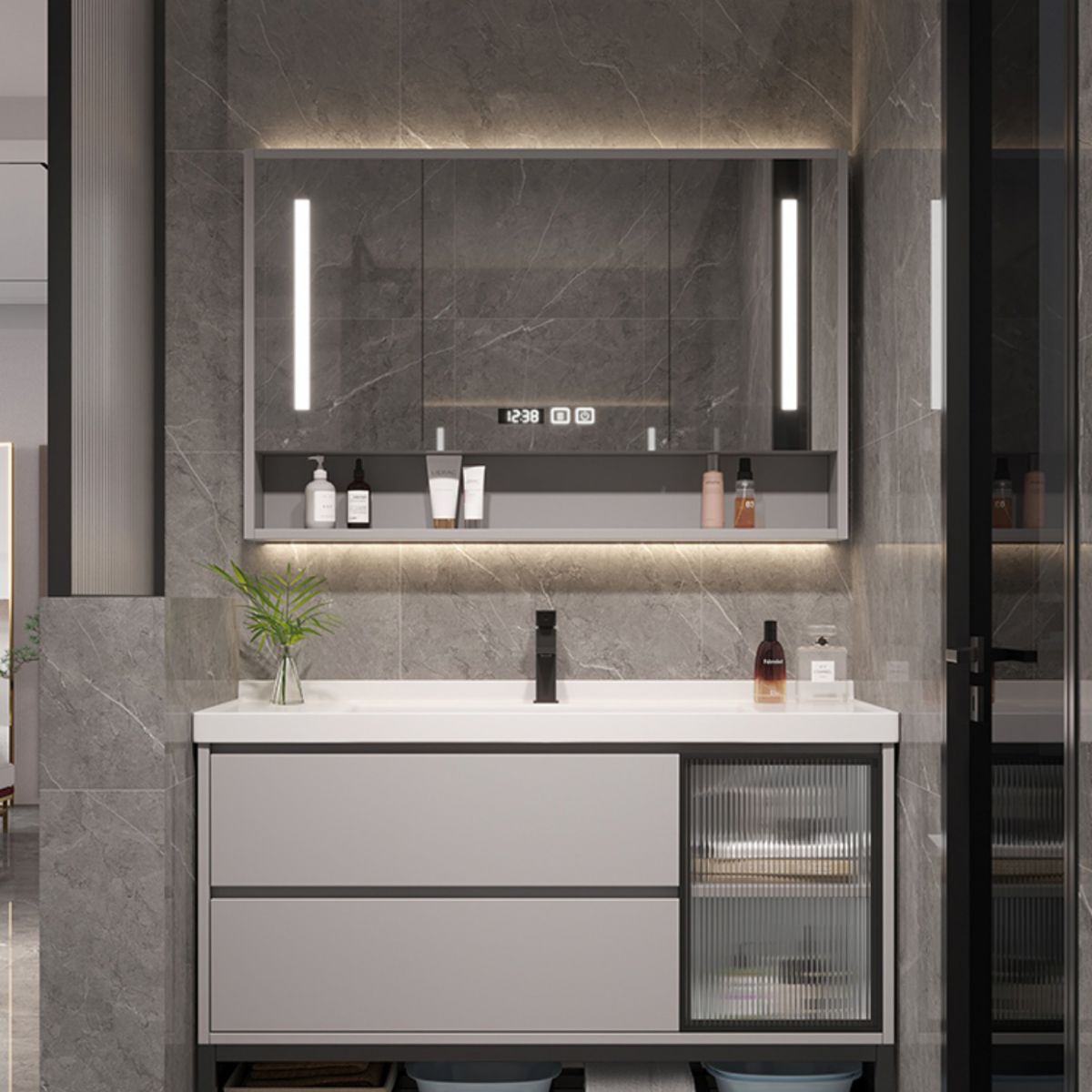 Wall Mount Vanity White Wood Frame Soft Close Drawers Single Sink Vanity with Mirror Clearhalo 'Bathroom Remodel & Bathroom Fixtures' 'Bathroom Vanities' 'bathroom_vanities' 'Home Improvement' 'home_improvement' 'home_improvement_bathroom_vanities' 1200x1200_eeebcbfa-55fc-4239-9bdc-e6692d53fa4a