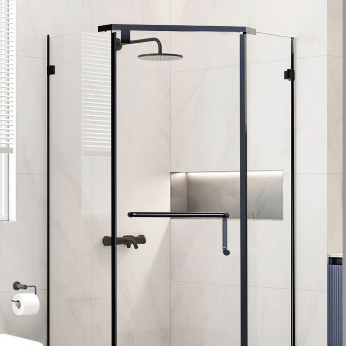 Neo-Angle Polished Glass Shower Enclosure Matt Black Frame Shower Stall Clearhalo 'Bathroom Remodel & Bathroom Fixtures' 'Home Improvement' 'home_improvement' 'home_improvement_shower_stalls_enclosures' 'Shower Stalls & Enclosures' 'shower_stalls_enclosures' 'Showers & Bathtubs' 1200x1200_f024be38-3e61-48ba-8628-b20f3e6eada6