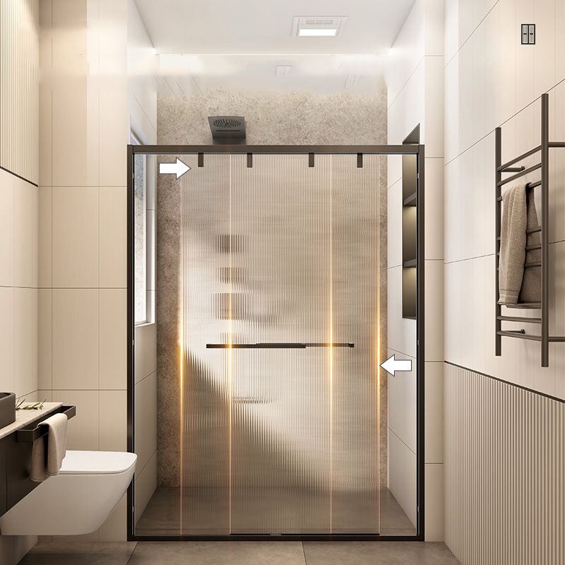 Black Stainless Steel Narrow Frame Semi Frameless Double Sliding Shower Door Clearhalo 'Bathroom Remodel & Bathroom Fixtures' 'Home Improvement' 'home_improvement' 'home_improvement_shower_tub_doors' 'Shower and Tub Doors' 'shower_tub_doors' 'Showers & Bathtubs' 1200x1200_f040f806-749c-43cf-bfaa-69c8fde4c1be