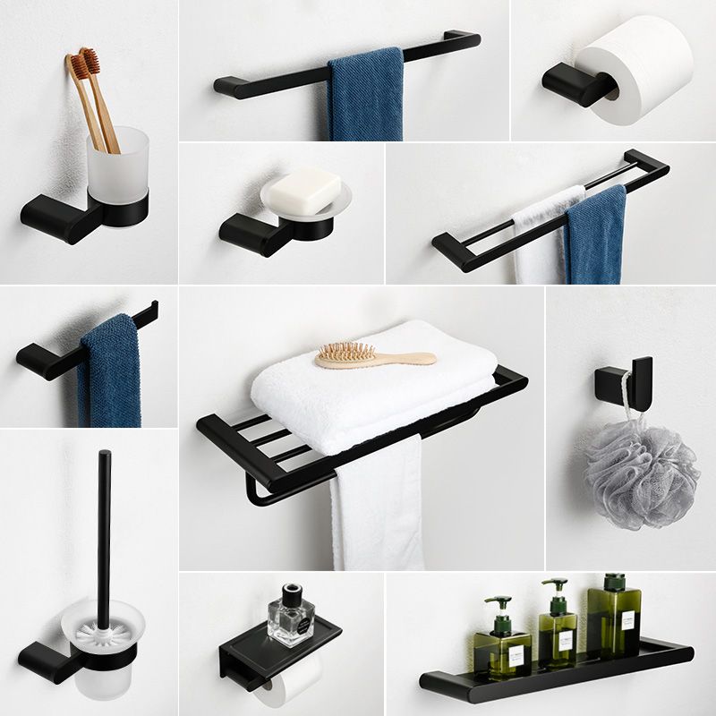Minimalism Black Bathroom Accessory Set Contemporary Style Metal Towel Bar Clearhalo 'Bathroom Hardware Sets' 'Bathroom Hardware' 'Bathroom Remodel & Bathroom Fixtures' 'bathroom_hardware_sets' 'Home Improvement' 'home_improvement' 'home_improvement_bathroom_hardware_sets' 1200x1200_f1f79a66-272e-4845-bd1f-d8458d37e97e
