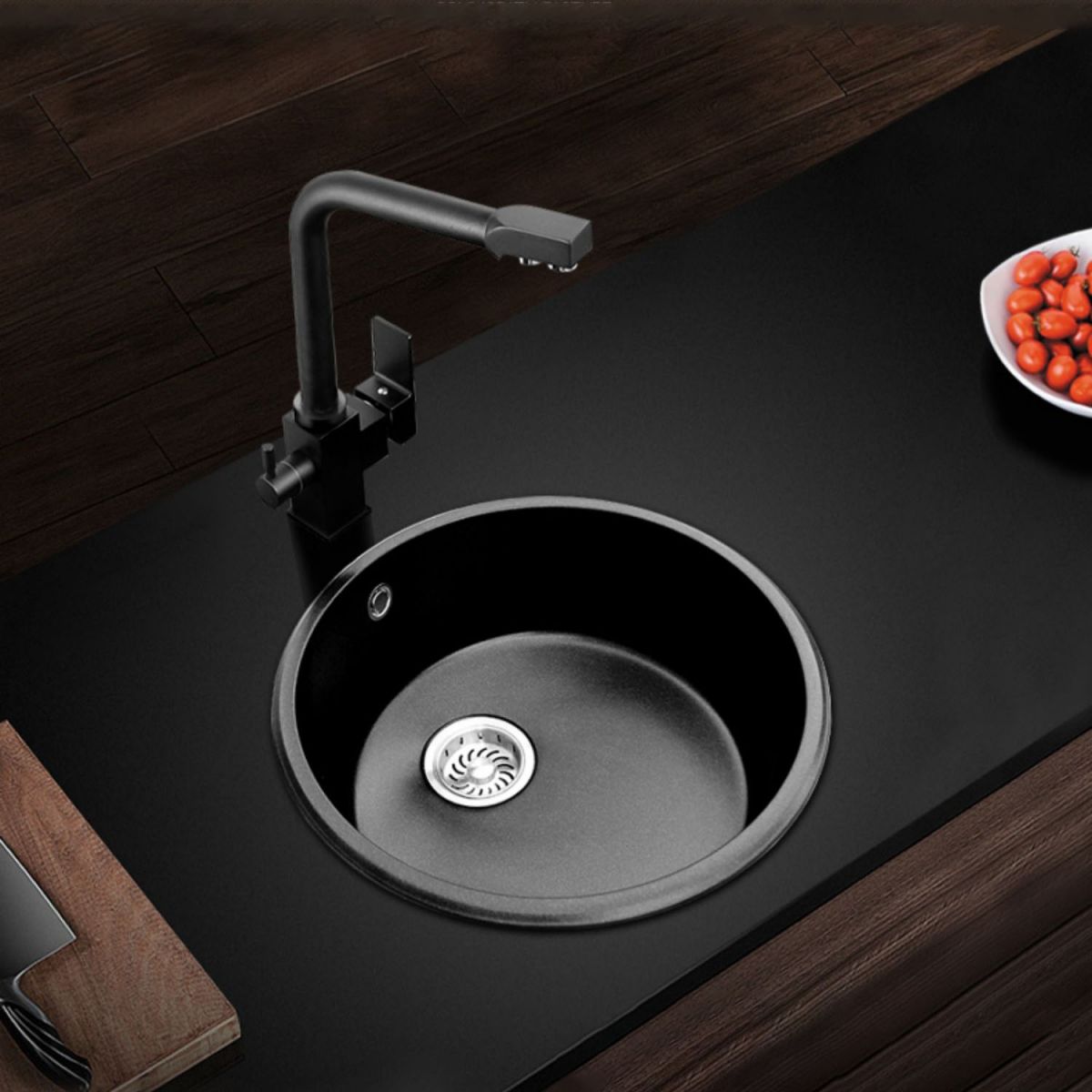 Round Granite Kitchen Sink in Black with Drain Assembly Undermount Sink Clearhalo 'Home Improvement' 'home_improvement' 'home_improvement_kitchen_sinks' 'Kitchen Remodel & Kitchen Fixtures' 'Kitchen Sinks & Faucet Components' 'Kitchen Sinks' 'kitchen_sinks' 1200x1200_f2527d58-d3f7-4506-a97f-e666c1c412ea
