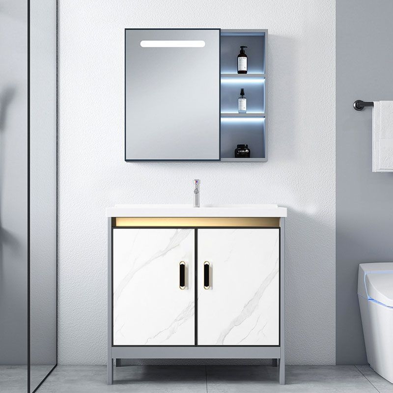 Ceramic Top Bathroom Vanity White Rectangle Single Sink Freestanding Mirror Vanity Set Clearhalo 'Bathroom Remodel & Bathroom Fixtures' 'Bathroom Vanities' 'bathroom_vanities' 'Home Improvement' 'home_improvement' 'home_improvement_bathroom_vanities' 1200x1200_f27d1968-90c2-40f3-a739-7eb41ae2c93b